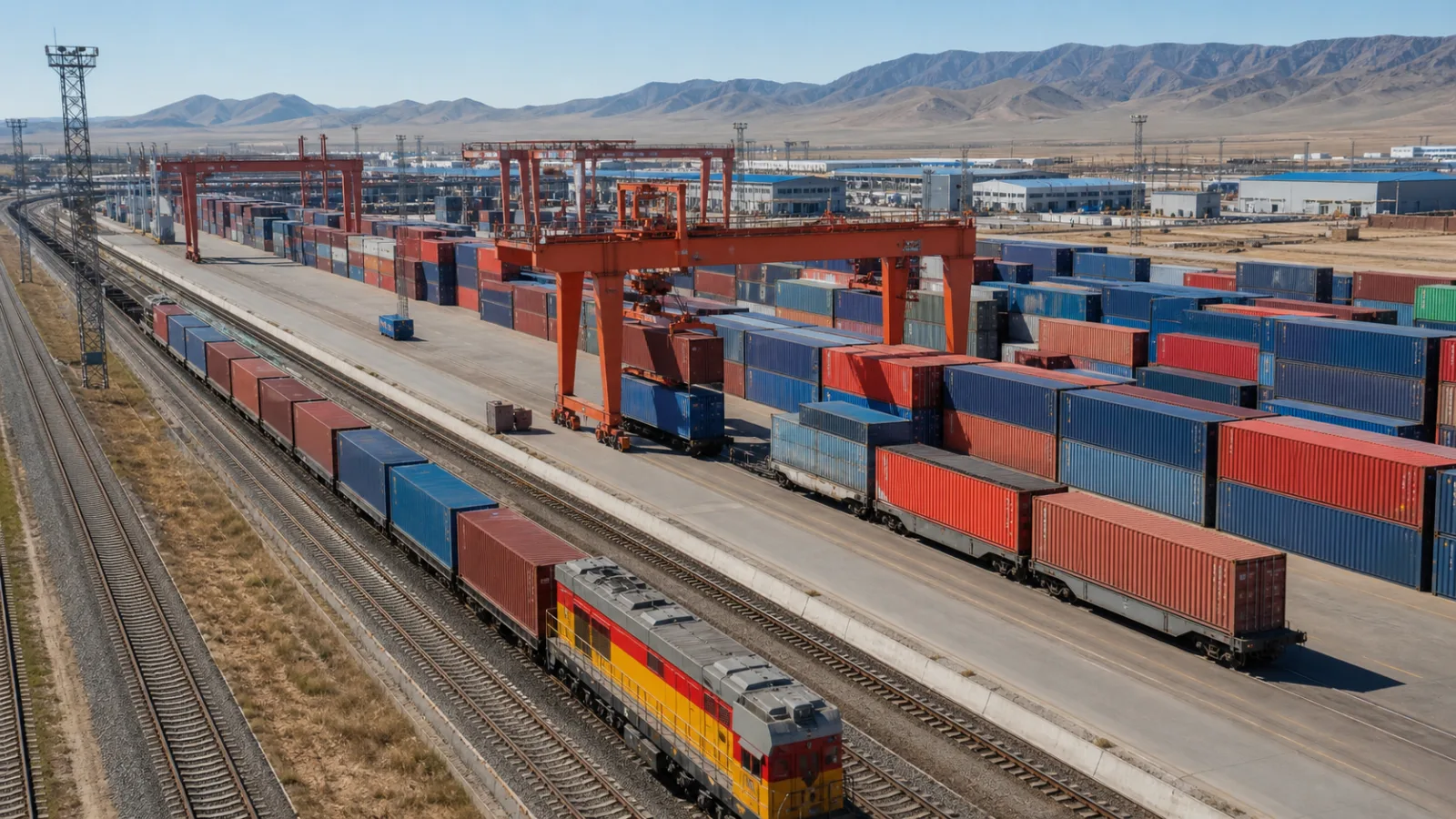 Container gantry cranes at the Khorgos dry port on the China–Kazakhstan border