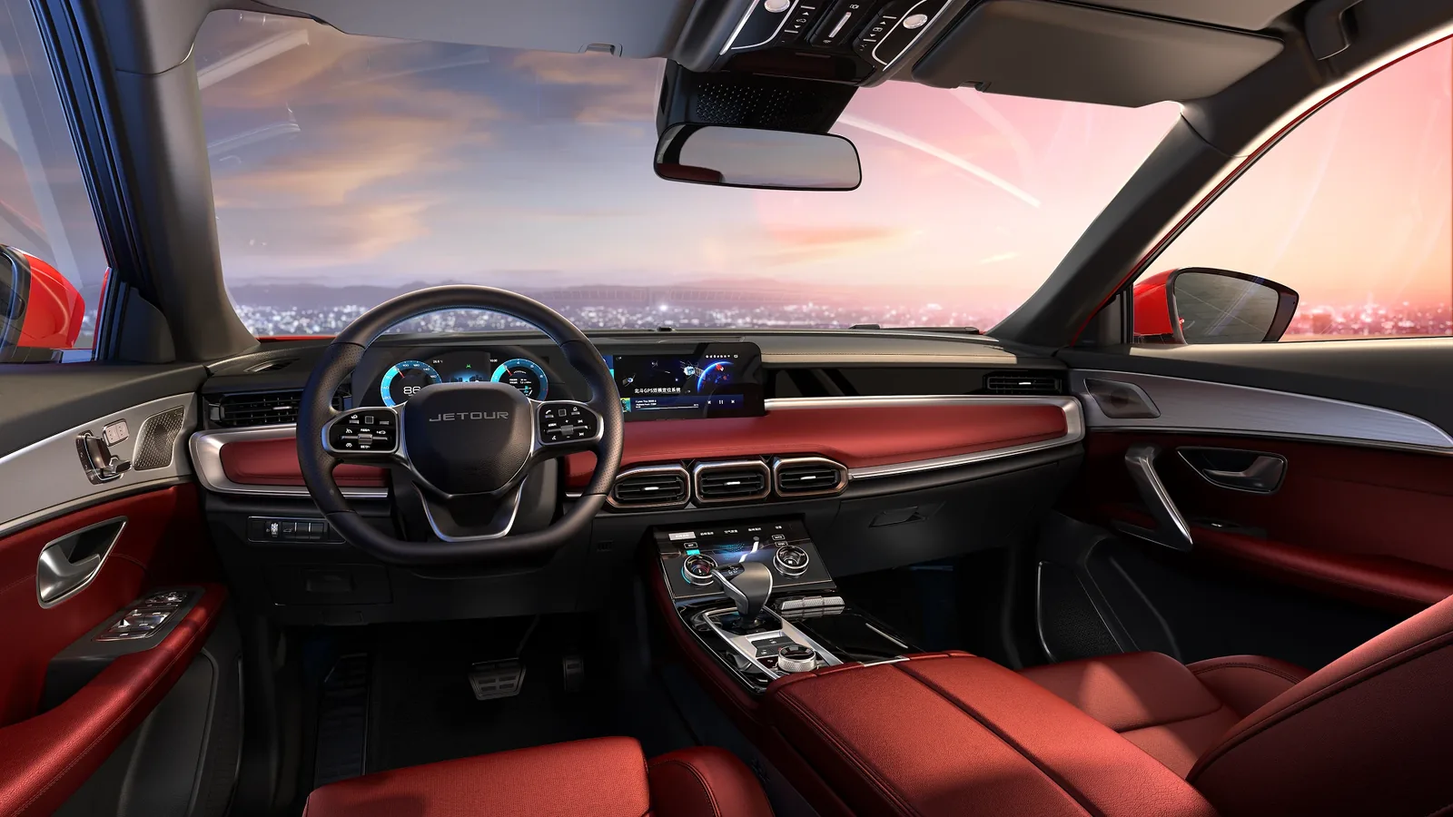 Jetour X70 Plus cockpit with red leather interior